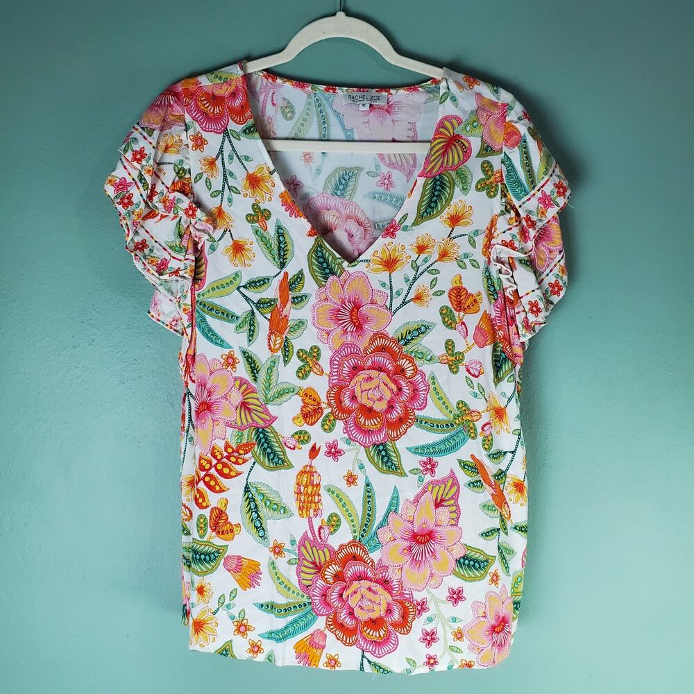 Rachel Zoe Womens Colorful Floral Print Ruffle Short Sleeve V-Neck Top Size 1X